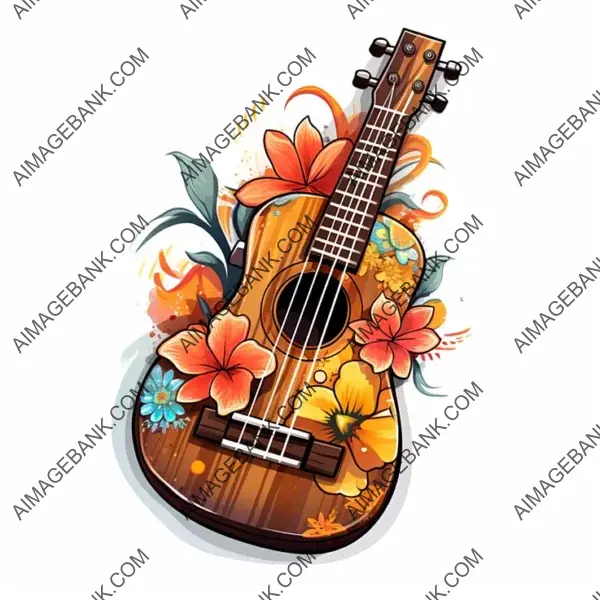 Chic Ukulele Sticker in Manga-Style Design on White Background