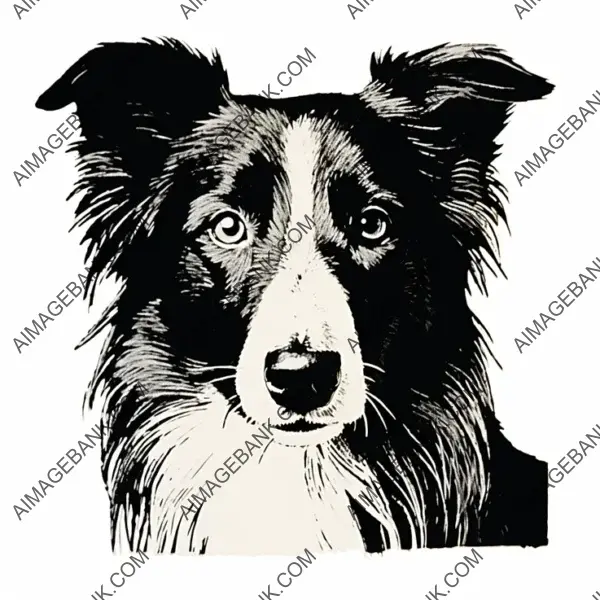 Playful Lino Cut Art Featuring a Rough Collie Dog