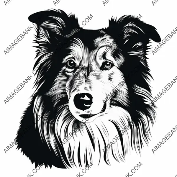 Lino Cut Art Depicting a Front-Facing Rough Collie