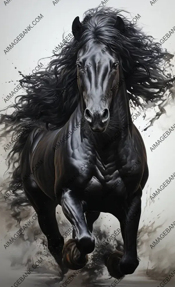 A powerful scene: A black horse in full stride.