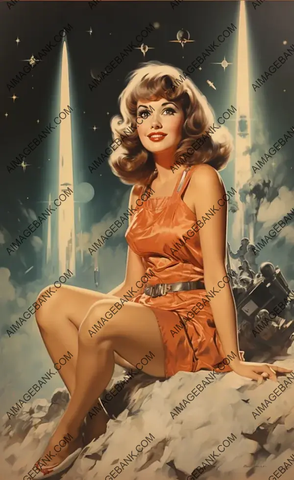 Woman Sitting Near a Moon Rocket.