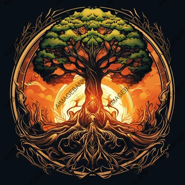 Yggdrasil Tree in Vector Fire Style for T-Shirt.