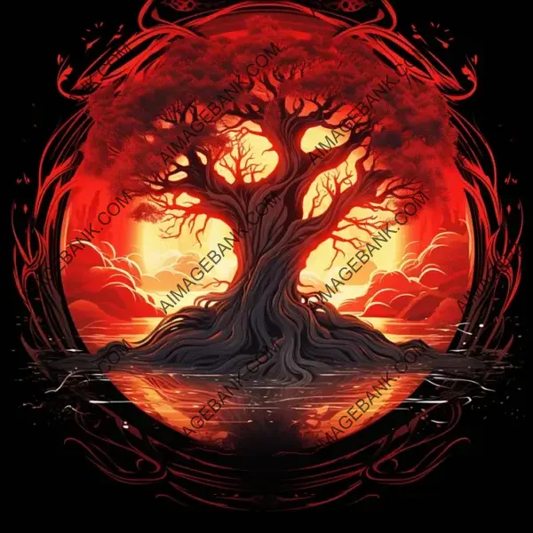 Yggdrasil Tree in Vector Fire Art for T-Shirt.