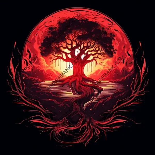 Yggdrasil Tree in Vector Fire Design for T-Shirt.