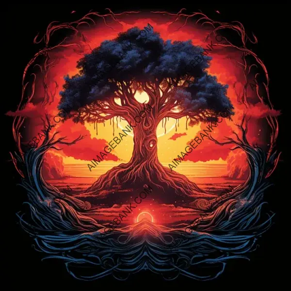 Yggdrasil Vector Art in Fire Style for T-Shirt Design.