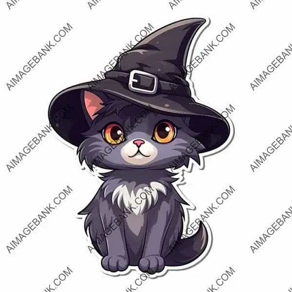 Sticker Illustration: Cute Cat in Witch Hat