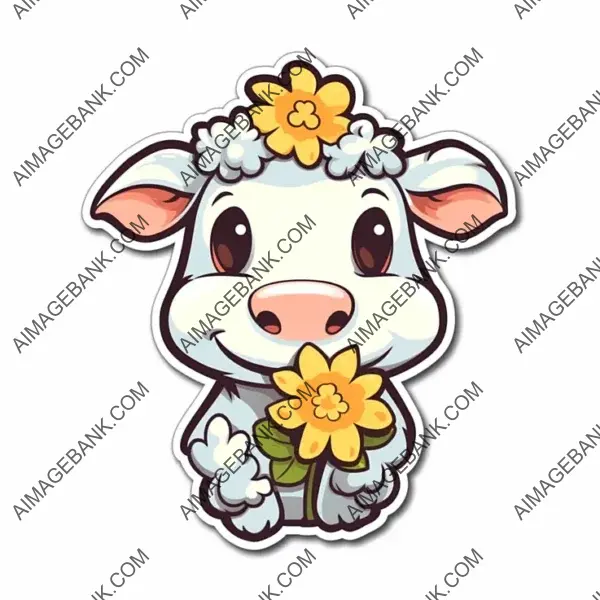 Cow Munching Flowers: Kawaii Sticker Fun