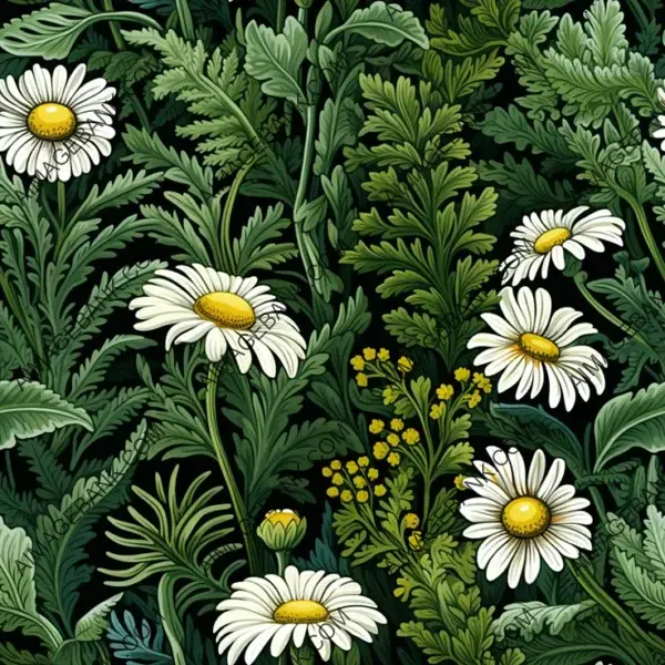 Illustrated Ferns and Daisies in Botticelli Style