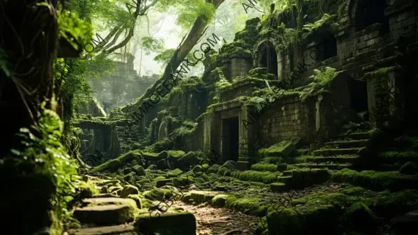 Lush Rainforest&#8217;s Secrets: Mossy Ruins Wallpaper