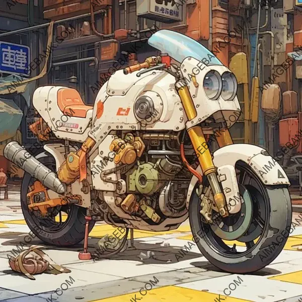 Take a Ride on a Parked Full Angle 80s Style Manga Motorcycle