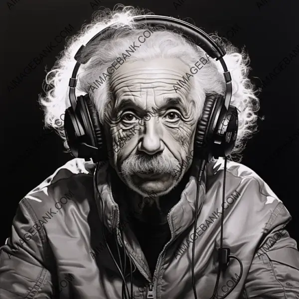 Whimsical Doodle: Albert Einstein Wearing Wireless Headphones