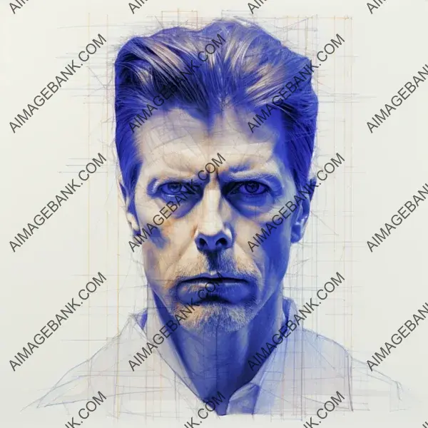 Unique Ballpoint Sketch: David Bowie with Detailed Blue Crosshatching