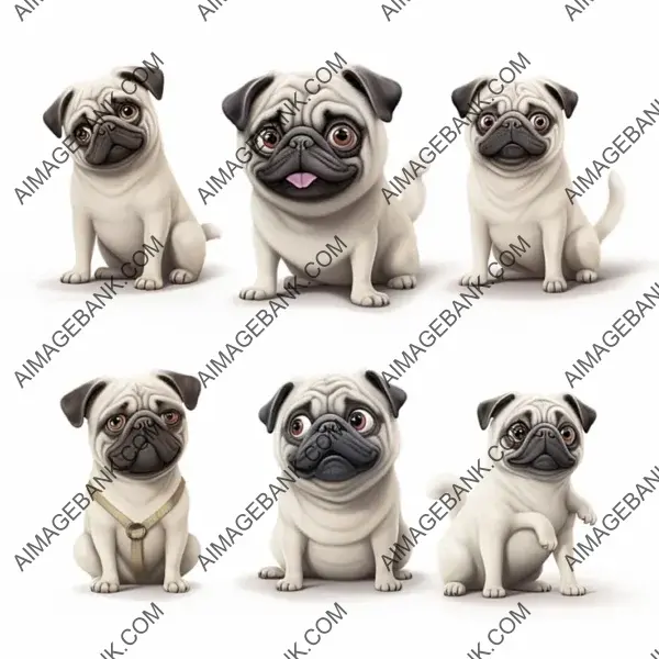 Pixar-Style Animation of a Pug with 10 Different Poses Against a White Background