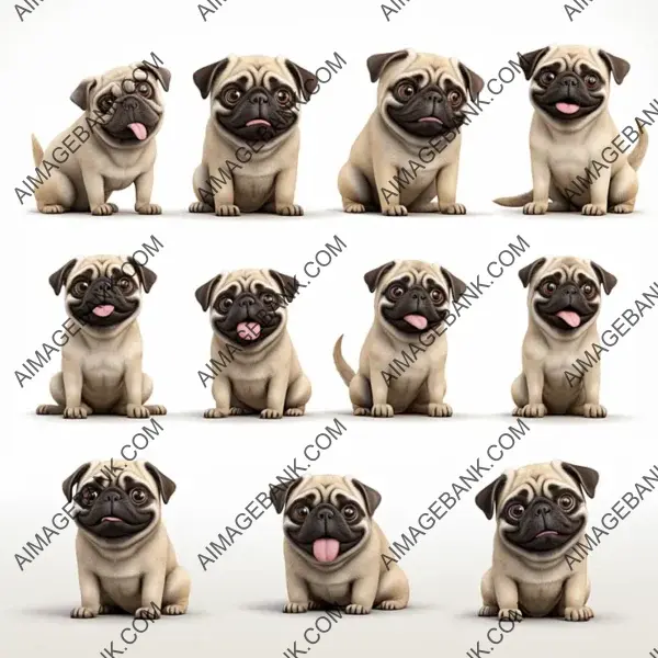 Adorable Pug in Pixar-Style Animation Featuring 10 Unique Poses on White Background