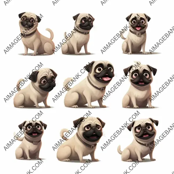 10 Poses of a Pug in Pixar Animation Style with White Background