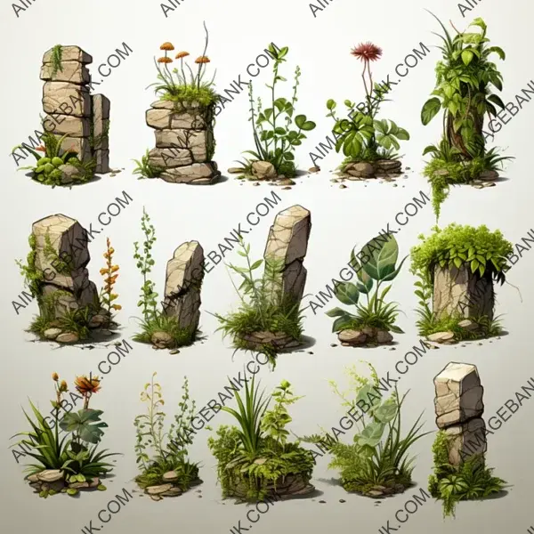 Enchanting Grass Game Assets Concept Props with Hints of Ghibli, Zelda, and Ori for Gaming Assets