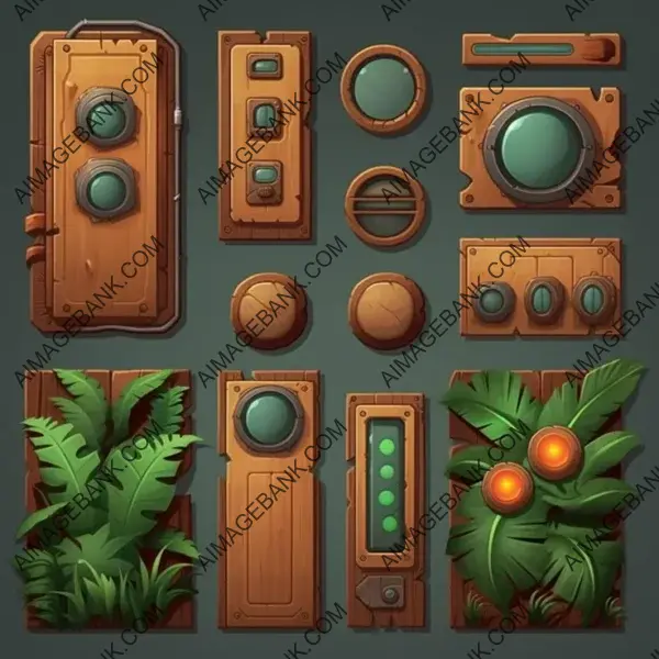 Jungle Stylized GUI with Plain Wooden Panels in 2D game props