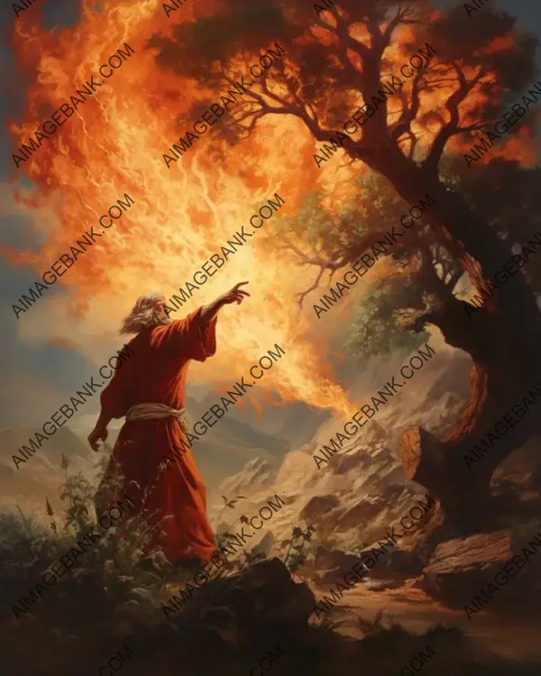 Moses&#8217;s image of the burning bush shows an iconic biblical scene.