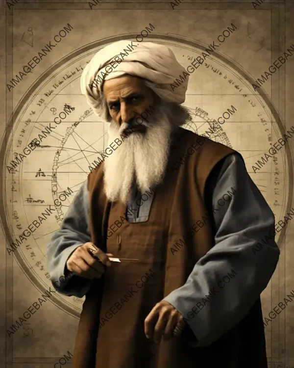 Al-Khwarizmi&#8217;s sepia-toned portrait design highlights the mathematical impact of his historical work.