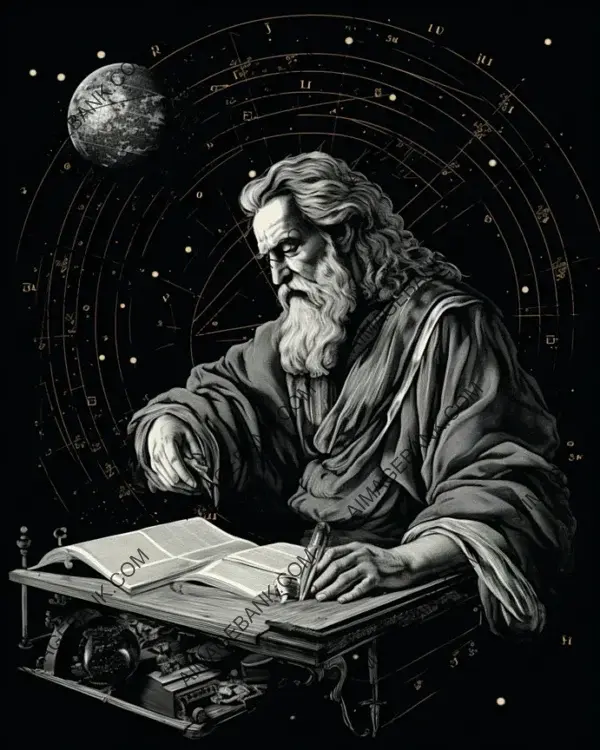 Hipparchus&#8217; Vintage Black and White Craftsmanship Captures the Historical Significance of His Contributions to Celestial Knowledge.