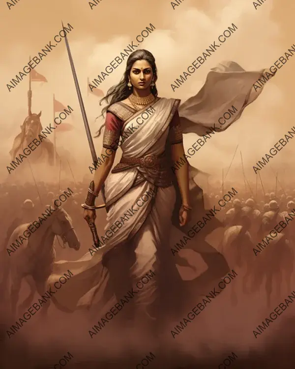 Lakshmibai&#8217;s Sepia-Toned Portrait Design Immortalizes the Heroism and Strength of the Queen.