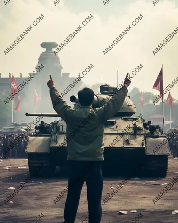 Famous Tank Man of Tiananmen Square in a Historical Recreation.