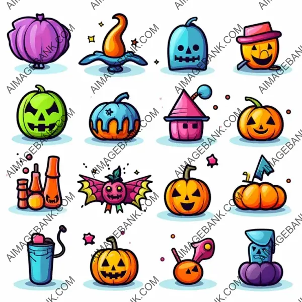 Halloween Items in Solid White: Colorful Icons