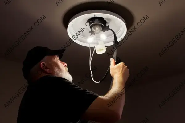 Electric Worker Expertly Installing Ceiling Light Fixture