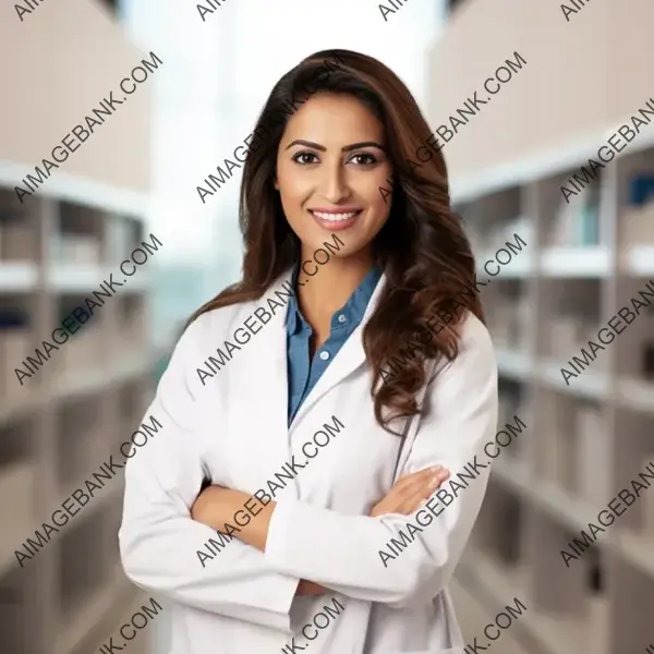 Attractive Female Indian Pharmacist in a Brown Lab Coat