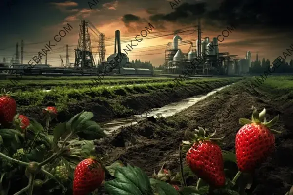 Field of Strawberries Next to Nearby Industrial Area