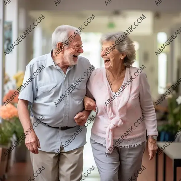 Elderly Couple Holding Hands and Smiling While Walking