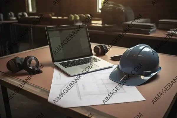 Laptop with an Empty Screen Surrounded by Blueprints and a Hardhat