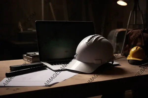 Laptop Displaying a Blank Screen with Blueprints and a Hardhat Nearby