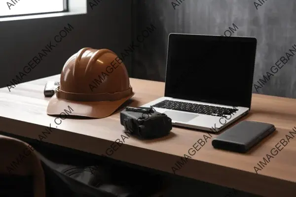 Modern Laptop with an Empty Screen, Blueprints, and a Hardhat