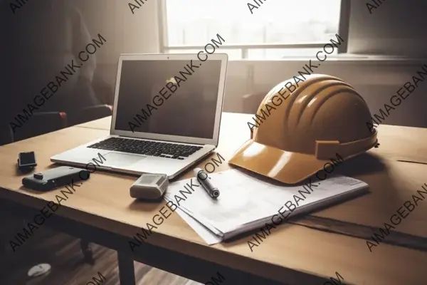 Computer with a Blank Screen, Blueprint Designs, and a Hardhat