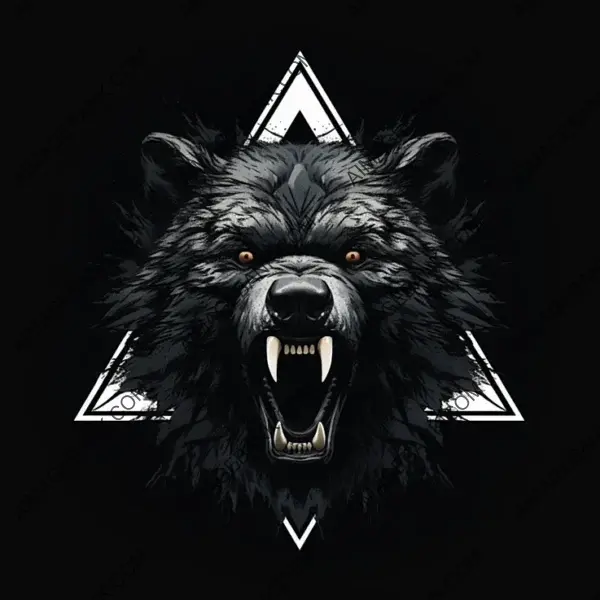 Evil Bear Snarling: A Striking Triangular Logo in Black and White