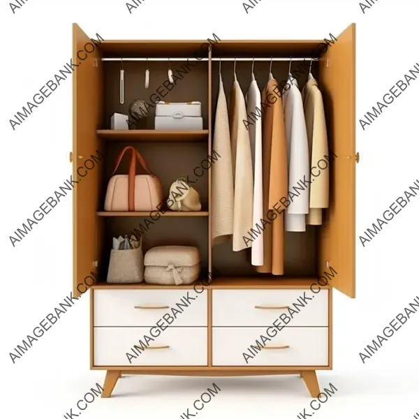 Stylish Wardrobe Clothes Cabinet in Mid-Century Style on White Background