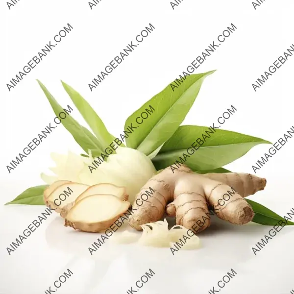 Smooth Scene with Textured Ginger Ingredient and Leaves