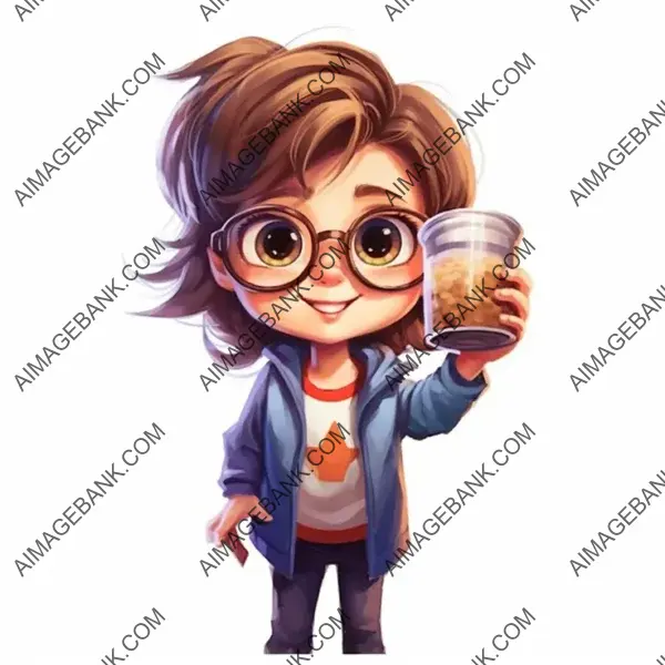 Cartoon of a Cute Little Girl Holding Glasses and a Cup