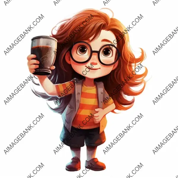 Sweet Cartoon of a Cute Little Girl Holding Glasses and a Cup