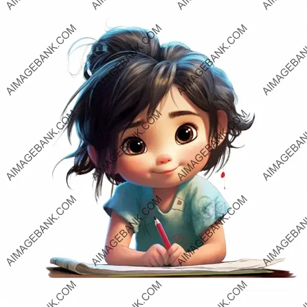 Adorable Cartoon of a 3-Year-Old Chinese Girl Writing