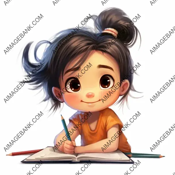 Cartoon Depiction of a Cute 3-Year-Old Chinese Girl Writing