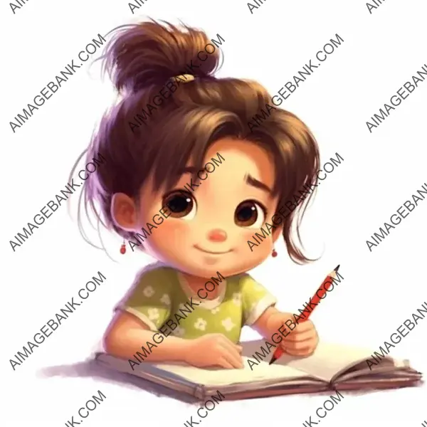 Charming Cartoon of a 3-Year-Old Chinese Girl Writing