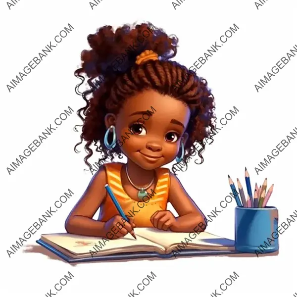 Adorable Cartoon of a Year-Old African Girl Writing