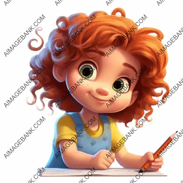 Illustration of a Year-Old American Girl Writing in Cartoon Style