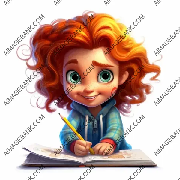 Adorable Cartoon of a Year-Old American Girl Writing