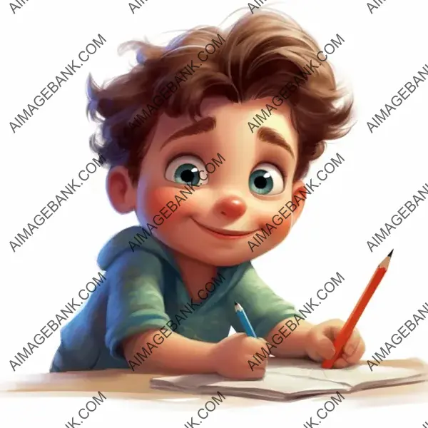 Illustration of a Year-Old Boy Writing with a Pixar-Style Smile