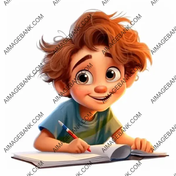 Sweet Cartoon of a Year-Old European Boy Writing