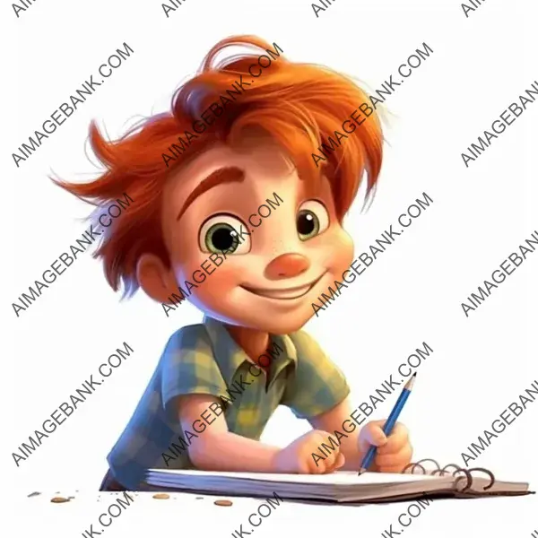 Cartoon Depiction of a Cute Year-Old European Boy Writing