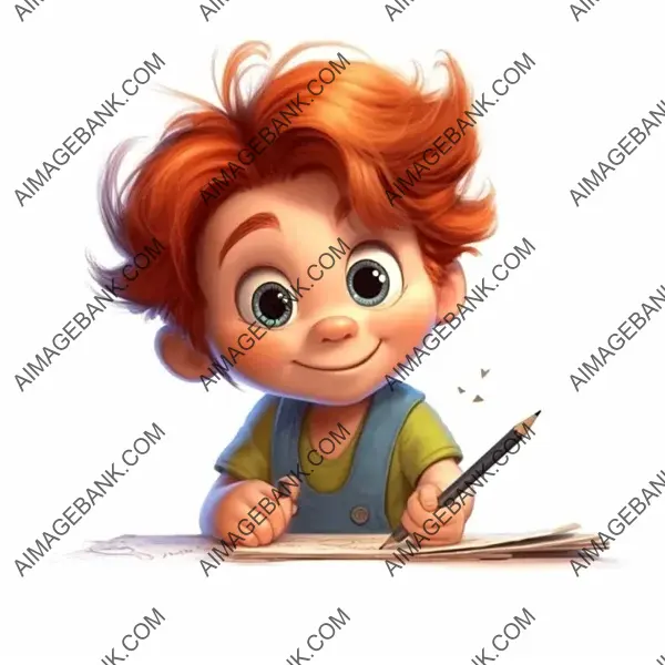 Illustration of a Year-Old European Boy Writing in a Cartoon Style